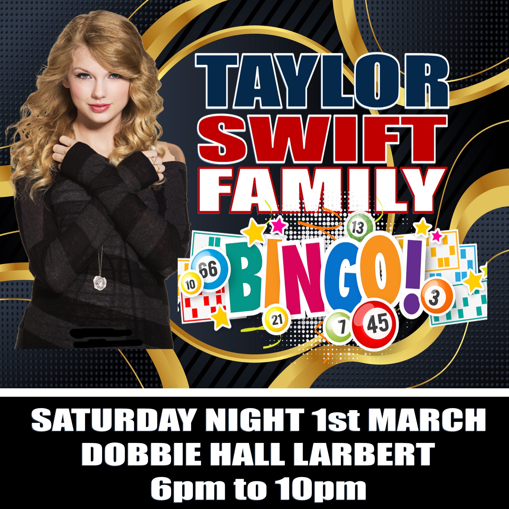 taylor swift family bingo 2025 2nd Advert DOBBIE HALL